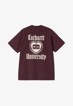 T-shirt color bordeaux in cotone, con una grande stampa grafica sul retro che recita "Carhartt University" e ulteriore testo in colore crema.