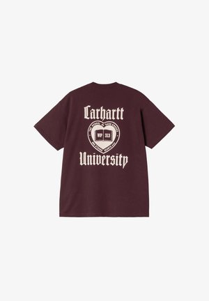 Bordowa koszulka z bawełny, z dużym nadrukiem na plecach z napisem "Carhartt University" oraz dodatkowymi tekstami w kolorze kremowym.