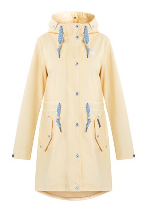 Imperméable jaune avec capuche, doté de cordons bleus et blancs, de boutons-pression et de deux poches avant à rabat. Texture lisse.