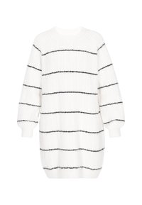 Weißes gestricktes Kleid mit schwarzen horizontalen Streifen, langen puffärmeligen Ärmeln, gerippten Bündchen und Rundhalsausschnitt.