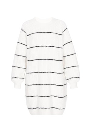 Rochie tricotată albă cu dungi orizontale negre și mâneci lungi bufante, cu manșete cu nervuri și decolteu tip crew.
