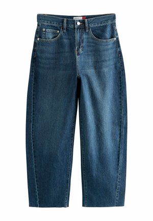 Dunkelblaue Straight-Leg-Denim-Jeans mit fünf Taschen, Gürtelschlaufen und einem Knopfverschluss an der Taille.