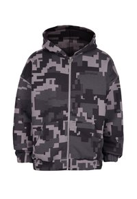 Czarna i szara bluza z kapturem w cyfrowy kamuflaż, zapinana na zamek, z elastycznymi mankietami, przednimi kieszeniami i kapturem, wyeksponowana na białym tle.