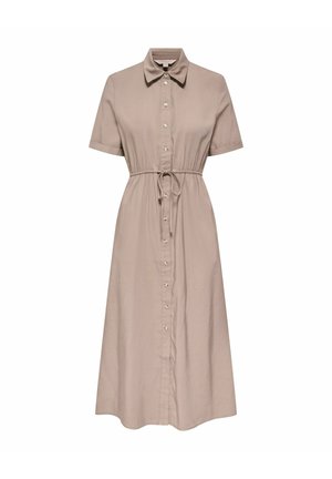 Robe-chemise midi beige avec manches courtes, devant boutonné, col et taille ajustable avec cordon de serrage.