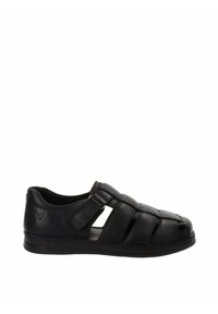 Sandalo in pelle intrecciata nera con punta aperta e tagli laterali. Il design presenta un profilo basso con suola piatta e cinturino regolabile.