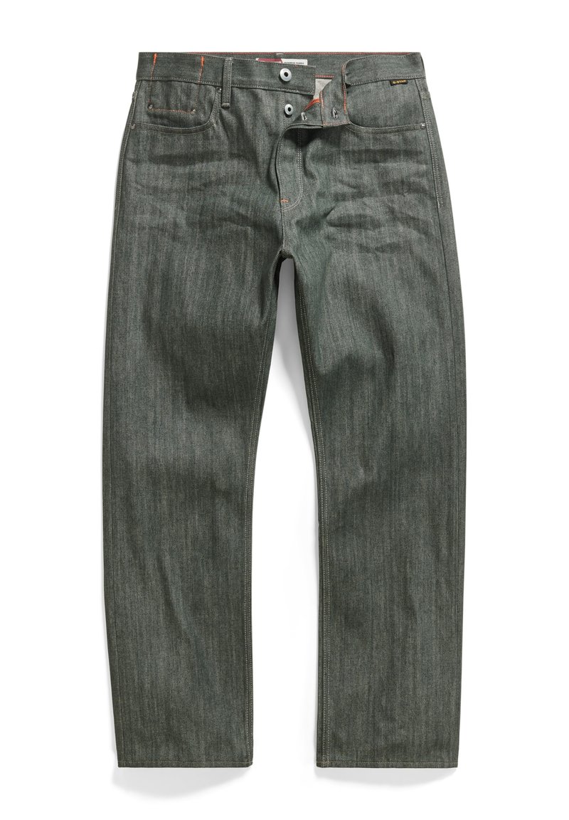 Donkergroene denim jeans met een rechte pasvorm, voorzien van zichtbare stiksels, twee voortassen en een enkele knoopsluiting.