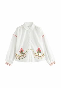 Valkoinen pitkähihainen pusero, jossa etupuolella napit, vaaleanpunainen tulppaanikirjailu helman ja hihansuiden kohdalla sekä vaaleanpunaisia yksityiskohtia hihoissa, kauluksessa ja hihansuuissa.