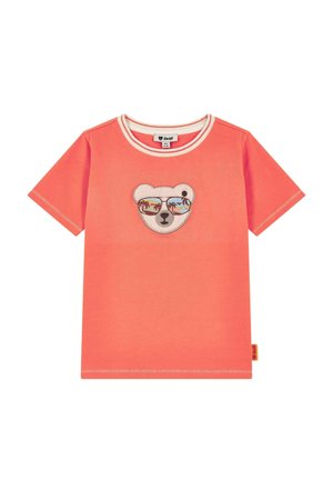 Coral short-sleeve t-shirt made of cotton with a round neckline. Features a bear graphic with sunglasses and tropical accents.