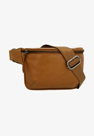 Ruskea nahkainen vyölaukku, jossa on suorakulmainen muoto, vetoketjukiinnitys ja säädettävä kangasnauha. Sisältää näkyvät tikkausjuovat ja tyylikkään muotoilun.