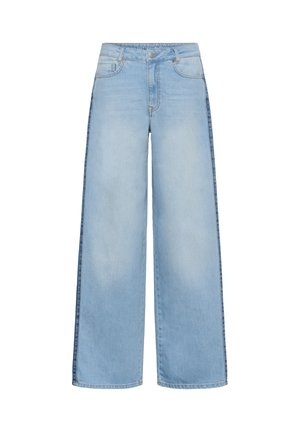 Svetlomodré džínsové nohavice širokého strihu s vysokým pásom, vreckami vpredu, pútkami na opasok a zapínaním na gombík.