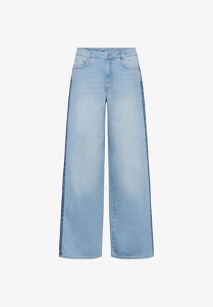 Svetlomodré džínsové nohavice širokého strihu s vysokým pásom, vreckami vpredu, pútkami na opasok a zapínaním na gombík.