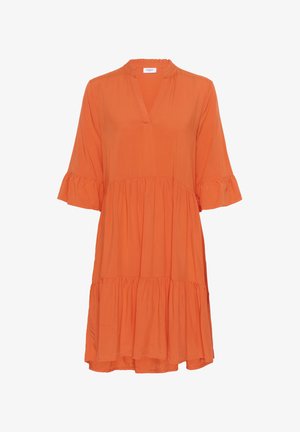 Oranje, kort mouwjurk met een v-hals, ruches aan de mouwen en een gelaagde rok. Gemaakt van lichtgewicht stof, met een losse pasvorm.