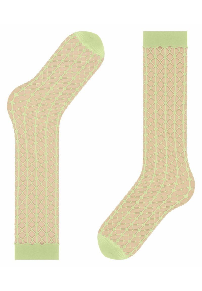 Beige Socken mit einem Rautenmuster in Hellgrün. Sie haben feste grüne Bündchen und eine grüne Zehenpartie und bestehen aus einem dehnbaren Material für zusätzlichen Komfort.