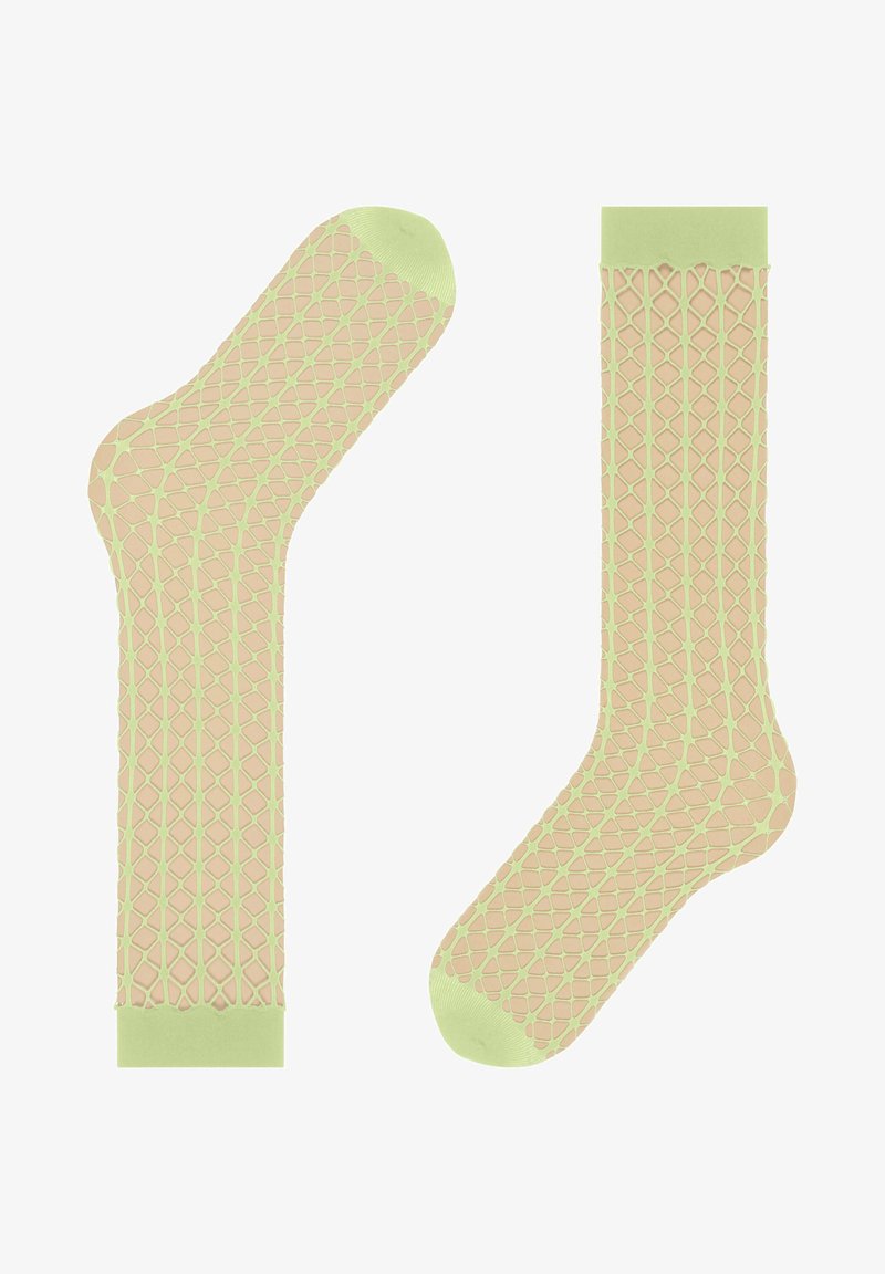Chaussettes beiges avec un motif de treillis en vert clair. Présentent des bords et un bout en vert uni, fabriquées dans un matériau extensible pour le confort.