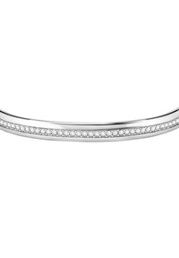 Bracciale d'argento con un design curvo, caratterizzato da una fila di gemme rotonde e trasparenti decorate lungo il centro, finitura lucida.