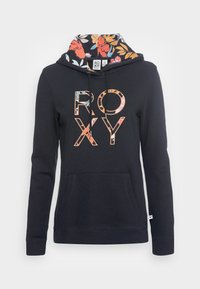 Sudadera navy con bolsillo tipo canguro, letras de patrón floral que deletrean "ROXY", y forro de impresión floral a juego en el interior de la capucha.