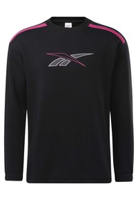 Sudadera negra de Reebok de manga larga con rayas rosas en los hombros y un logo estilizado en rosa y blanco en el pecho.