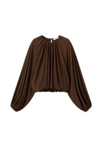 Blusa marrón de mangas globo hecha de tela suave, con escote fruncido y dobladillo elástico. Textura lisa con detalles drapeados.