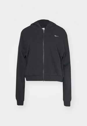 Sudadera recortada negra hecha de un tejido suave, con cremallera completa, capucha, mangas largas y un pequeño logo blanco de Nike en el pecho.