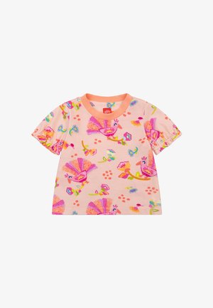 Roze katoenen T-shirt met korte ruches aan de mouwen, voorzien van kleurrijke bloemen- en vogelprints. Ronde oranje halslijn en zachte textuur.