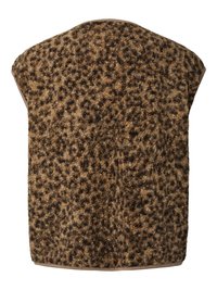 Brūna un melna leoparda raksta teksturēta piedurkņu veste ar augstu apaļu apkakli, skatīta no aizmugures.