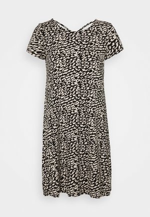 Robe courte à manches courtes noir et beige en coupe ample avec un décolleté en V et un motif abstrait animalier. Tissu doux avec une texture fluide.