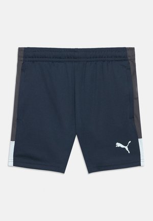 Tamsiai mėlyni sportiniai šortai su elastine juosmens juosta, tamsiomis šoninėmis juostelėmis, šviesiai mėlynomis detalėmis ir balta Puma logotipu apatinėje dešinėje kojų pusėje.