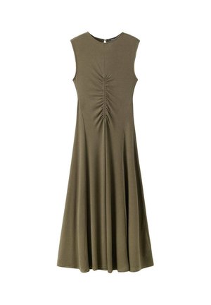 Vestido midi verde oliva sin mangas con escote redondo y detalle fruncido en la costura central del corpiño, que fluye hacia una falda acampanada.