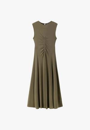 Robe midi sans manches vert olive avec encolure ronde et détail de couture centrale froncée sur le corsage, s'évasant en jupe évasée.