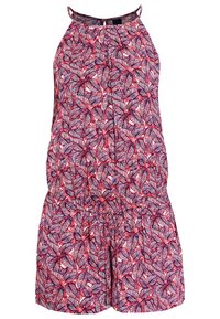 Combinaison sans manches avec un motif de feuilles rouge, blanc et bleu marine, taille cintrée et décolleté halter sur fond blanc.