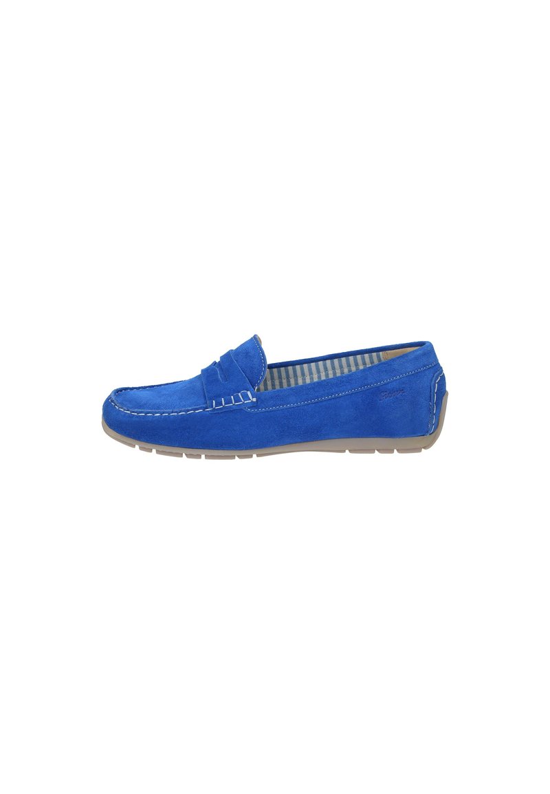 Blaues Wildleder-Loafer mit gesticktem Akzent, ausgestattet mit einem gestreiften Innenfutter und einer flexiblen beige Gummisohle. Klassisches Slipper-Design.