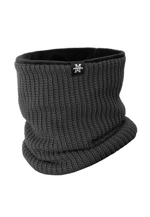 Black ribbed knit neck gaiter featuring a soft inner lining and a small sewn label. Designed to provide warmth and comfort.