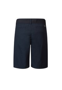 Pantaloni corti blu navy realizzati in tessuto leggero, caratterizzati da un elastico in vita con cintura, due tasche posteriori e una superficie liscia e sottile.