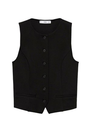 Gilet sans manches noir avec un col rond, six boutons à l'avant et deux poches latérales. Présente des coutures structurées et une texture de tissu lisse.