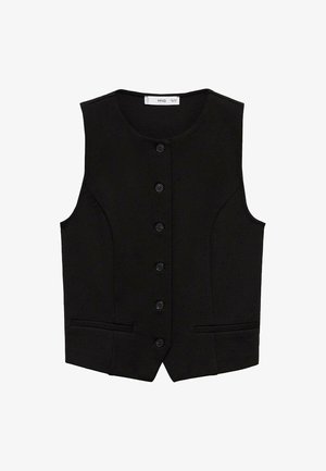 Gilet sans manches noir avec un col rond, six boutons à l'avant et deux poches latérales. Présente des coutures structurées et une texture de tissu lisse.