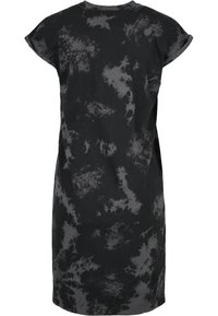 Robe noire à coupe ample, présentant un motif tie-dye en gris foncé. Manches courtes et col rond en coton doux.