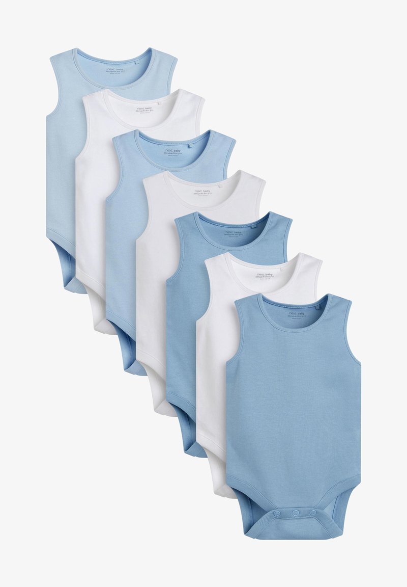 Zes babyrompers in effen lichtblauw en wit, met mouwloze ontwerpen, van zacht katoen en met drukknoopsluitingen onderaan.
