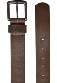 Brown leather belt with a textured finish, a silver metal buckle, and five evenly spaced holes for adjustment. Features embossed branding.
