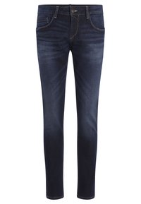 Tummansiniset farkut slim fit -mallilla, viisi taskua, vaaleat ompeleet ja vetoketjukiinnitys. Sileä pinta, jolla on hieman kulunut ilme.