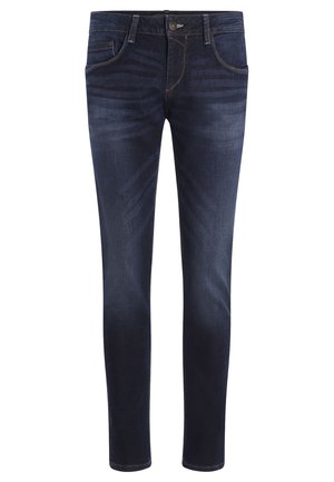 Donkerblauwe denim jeans met een slim fit, vijf zakken, lichte stiksels en een ritssluiting. Gladde textuur met een licht versleten uiterlijk.