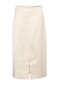 Una gonna a matita color crema, lunga fino al ginocchio, realizzata in tessuto morbido, con uno spacco frontale e una vita nascosta per un look sartoriale.