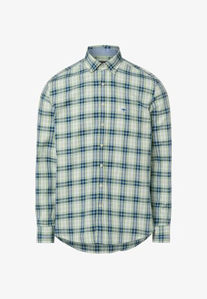 Koszula na długi rękaw z zapięciem na guziki w zielony, niebieski i biały wzór w kratę. Posiada klasyczny kołnierzyk oraz pojedynczą kieszeń na piersi. Wykonana z bawełny.