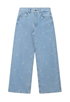 Light blue wide-leg jeans with white star embroidery. Features a classic five-pocket design and button closure with zipper fly.