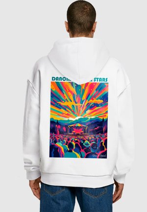 White hoodie featuring a colorful graphic design on the back with a concert scene, bright rays, and the text "Dancing Under Stars."