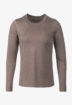Langarmshirt van lichtgewicht, gemêleerde bruine stof. Heeft een ronde hals en subtiele stikdetails.