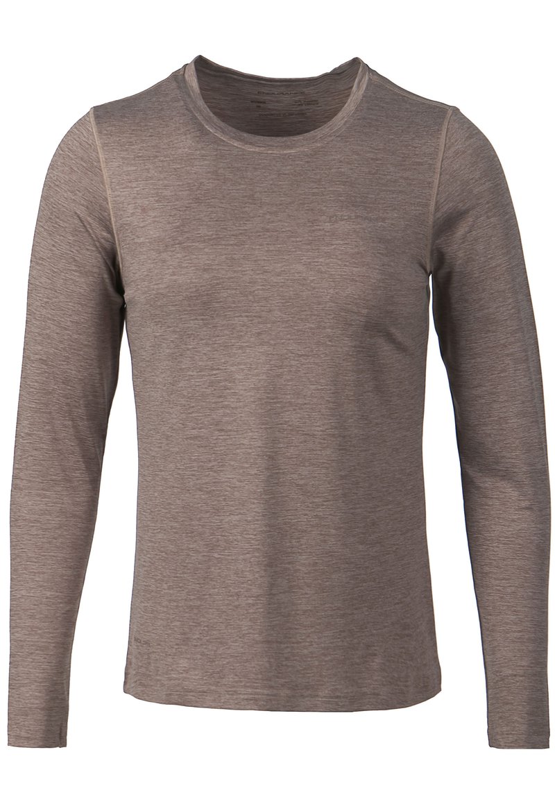 Langärmliges Shirt aus leichtem, meliertem braunem Stoff. Verfügt über einen Rundhalsausschnitt und dezente Nähte.