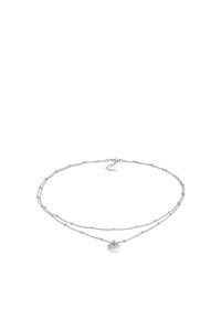 Collana d'argento con due fili sovrapposti, caratterizzata da piccole perle e un pendente a disco circolare. Texture liscia e design minimalista.