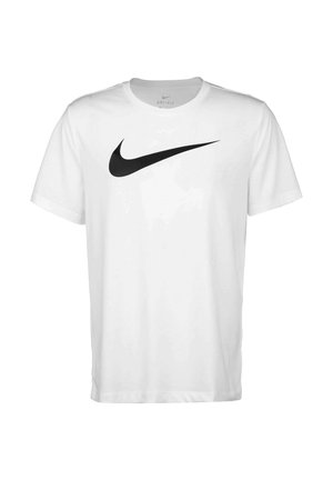White short-sleeve Nike t-shirt featuring a black swoosh logo, made from Dri-FIT fabric, smooth texture, and round neckline.