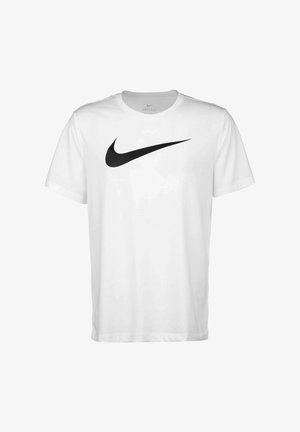 Weißes Nike T-Shirt mit kurzen Ärmeln, das ein schwarzes Swoosh-Logo zeigt. Das Shirt besteht aus Dri-FIT-Material, hat eine glatte Textur und einen runden Halsausschnitt.