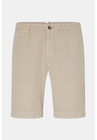 Pantaloni corti di lino beige con orlo arrotolato, chiusura con bottone, passanti per cintura e tasche frontali; texture liscia e design leggero.